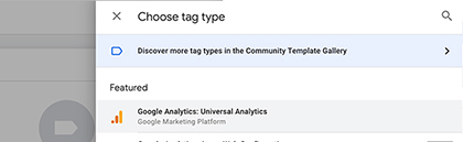 Choose a new tag type in Google Tag Manager screenshot