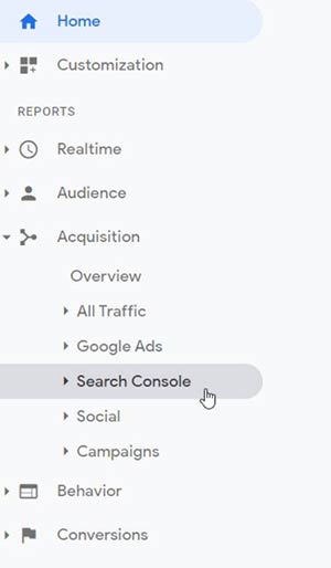 Acquisition tab in search console
