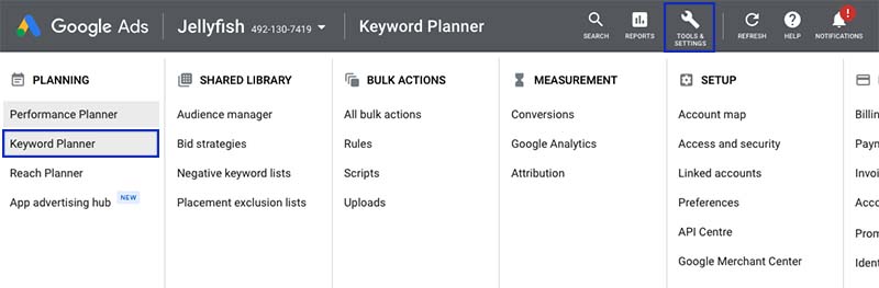 Finding the Google Keyword Planner in Google Ads