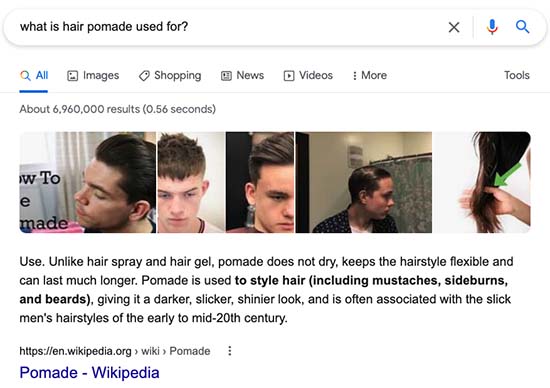 Featured snippet search example: What is hair pomade used for?