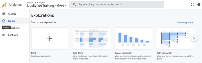 Google Analytics 4 Explorations menu