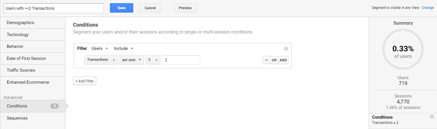 Screengrab of conditions in Google Analytics