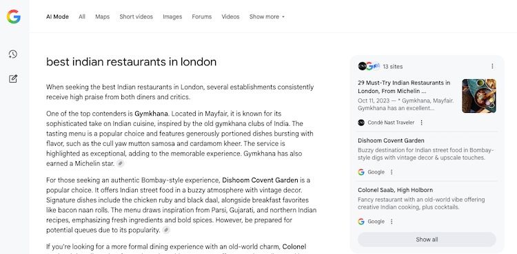 example of an AI mode response within Google search