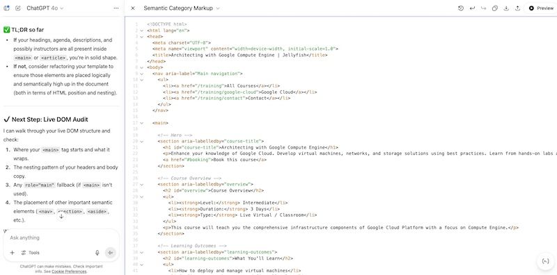 Screenshot of the html framework with semantic markup output by ChatGPT
