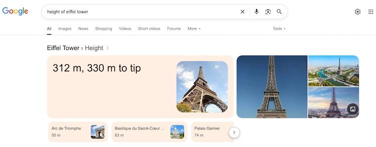 Example of a Google data card in a search result fro an informational query