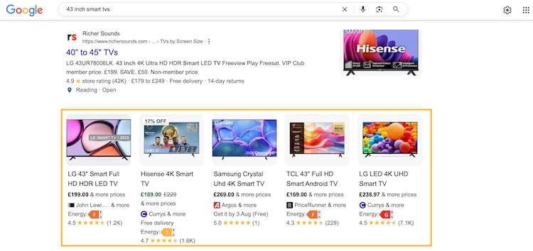 Example of an organic product listing in Google Search